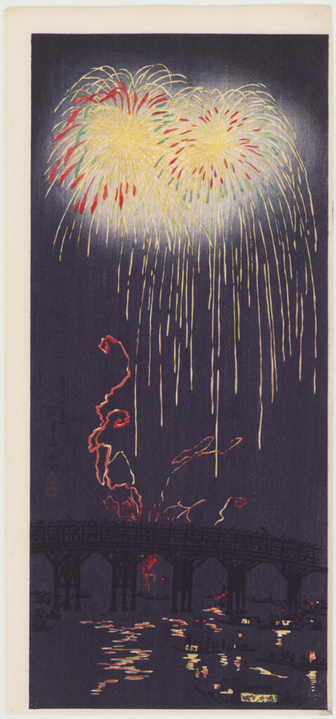 ♯12) 高橋松亭 (弘明) 両国の花火 木版画 三切判 落款 額無し 明治